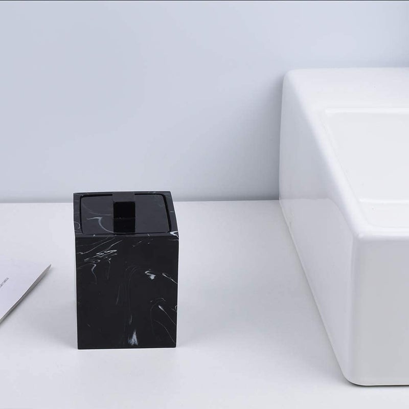 Jung Ford Qtip Holder for Bathroom with Lid â€“ Square Cotton Swab Organizer, Cotton Ball Dispenser, Makeup Pad Container â€“ Marble Look Resin Vanity Storage (Black) - Image 4